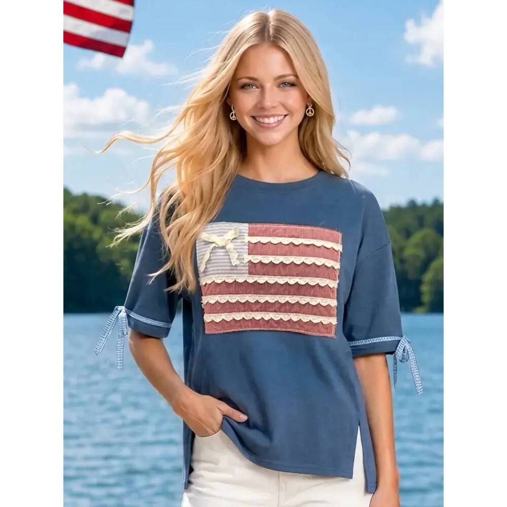 NEW MAIN STRIP american usa flag patch shirt in blue